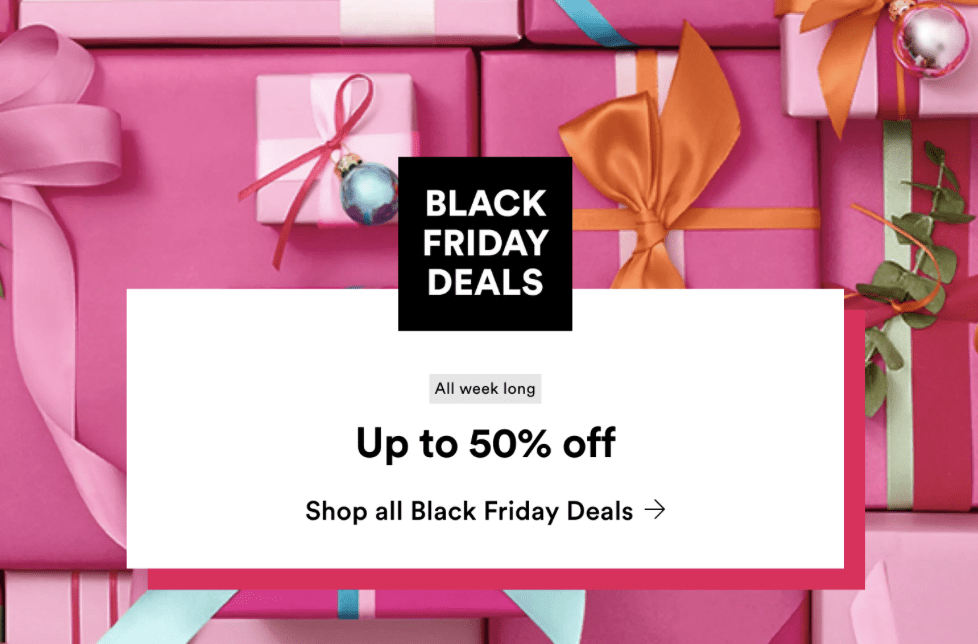 Image with the words "Black Friday Deals, all week long, up to 50% off. Shop all Black Friday Deals" this is an image for the Black Friday Deals and ulta sales 2024